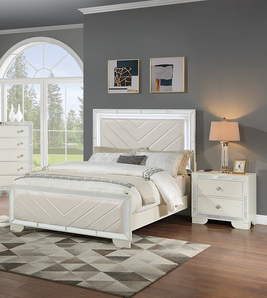 Contemporary 3pc Set Queen Size Bed 2x Nightstands Upholstered Faux Leather HB FB Cream Bedroom Furniture
