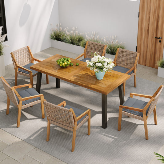 Modern 7-Piece Outdoor Dining Set - Acacia Wood Table with Iron Legs & 6 Wicker Armchairs, Teak Finish, 400 lbs Chair Capacity, for Patio, Garden, or Deck