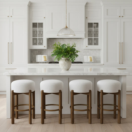 Vera Indoor Wooden Upholstered Barstool, Dark Walnut Finish and Ivory Upholstery, Set of 4