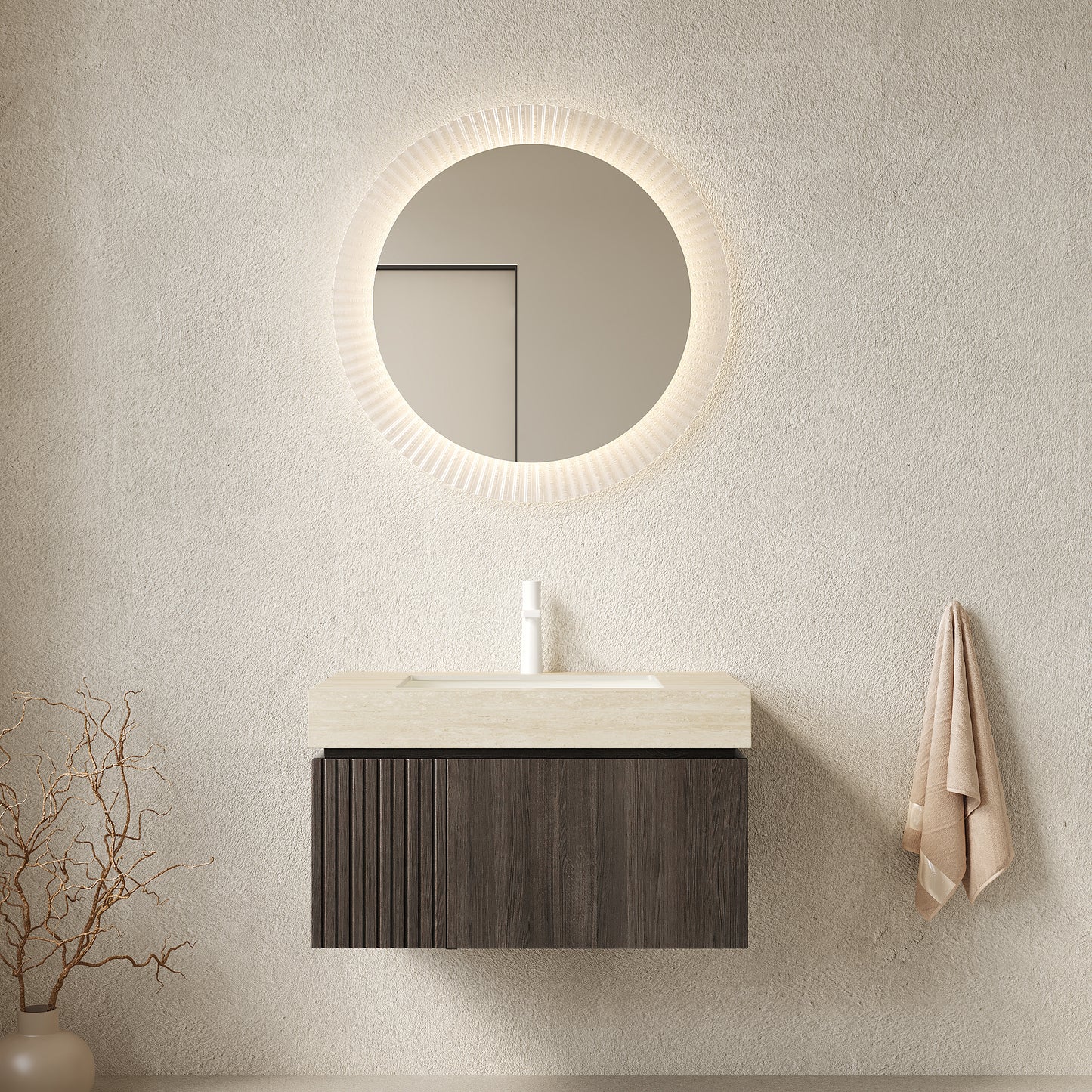MURI 30' Bathroom Vanity&Sink, Floating Plywood Storage Cabinet with Drawer&Door, Roma Travertine Sintered Stone Top&Ceramic Basin with 1 Pre-drilled Faucet Hole, Pre-assembled, Espresso Woodgrain