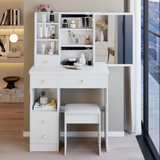 29.2' Small Space Left Drawer Desktop Vanity Table + Cushioned Stool, Extra Large Right sliding mirror, Multi Layer High Capacity Storage, Practical Fashionable Dresser, Suitable For Small Space