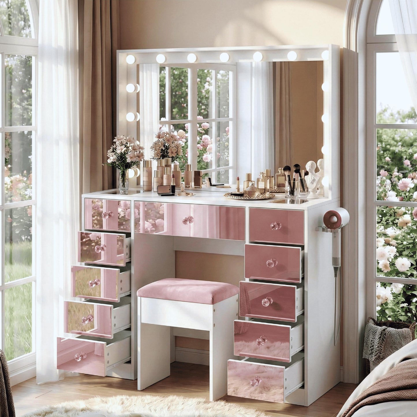 Makeup Vanity with 15 Hollywood Bulbs, 3Color Lighting Modes Adjustable Brightness, Dressing Table with Visual Glass Top and 11 Pink Finish Drawers, Vanity Desk Set with Cushioned Stool, Pink