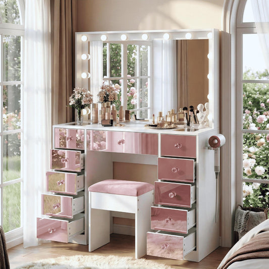 Makeup Vanity with 15 Hollywood Bulbs, 3Color Lighting Modes Adjustable Brightness, Dressing Table with Visual Glass Top and 11 Pink Finish Drawers, Vanity Desk Set with Cushioned Stool, Pink