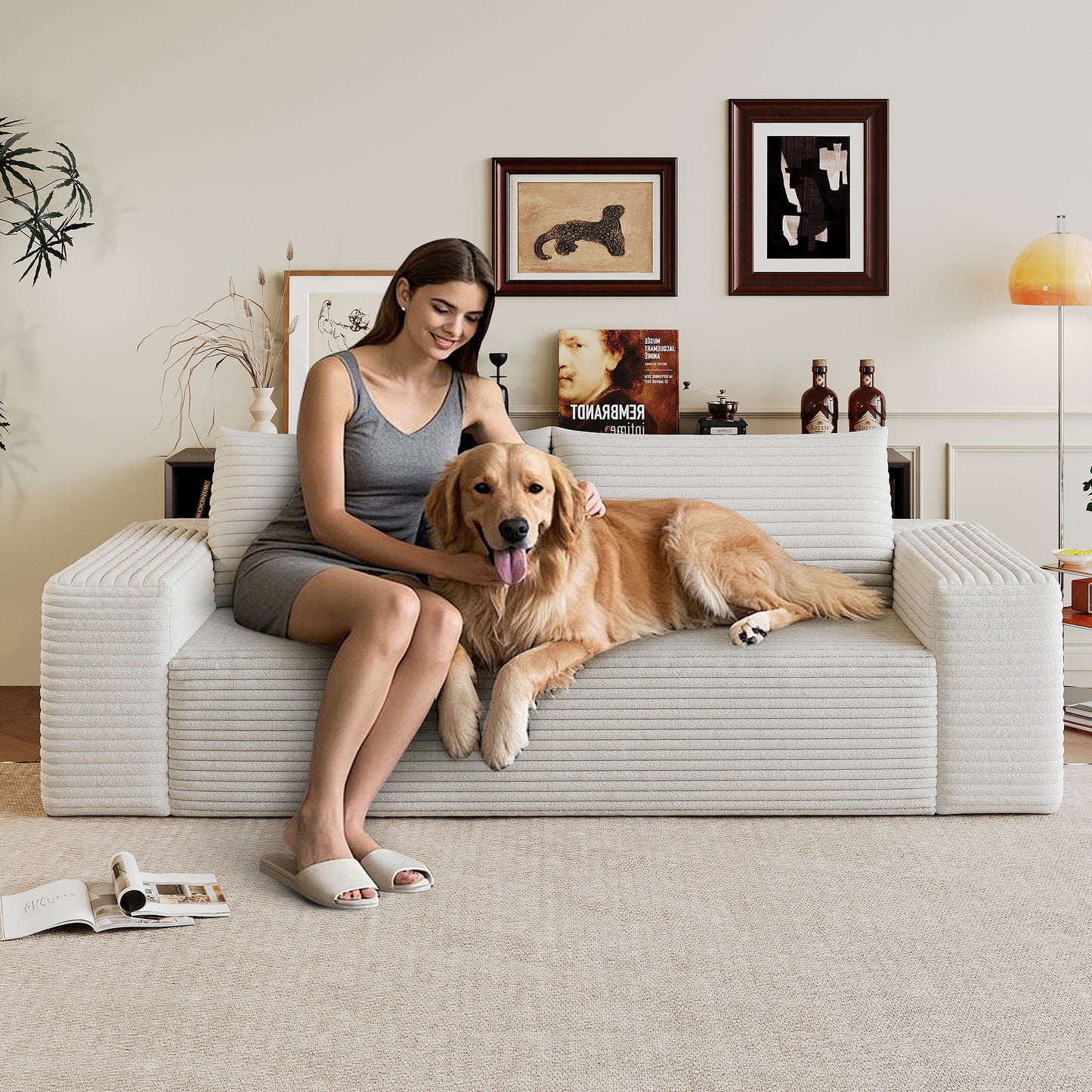 63' 2Setaser Sofa,Corduroy Fabric,Deep Seat Couches,Comfy Loveseat Sofa,No Assembly,1pcs for Living room, Bedroom,Conference room ,Apartment,White