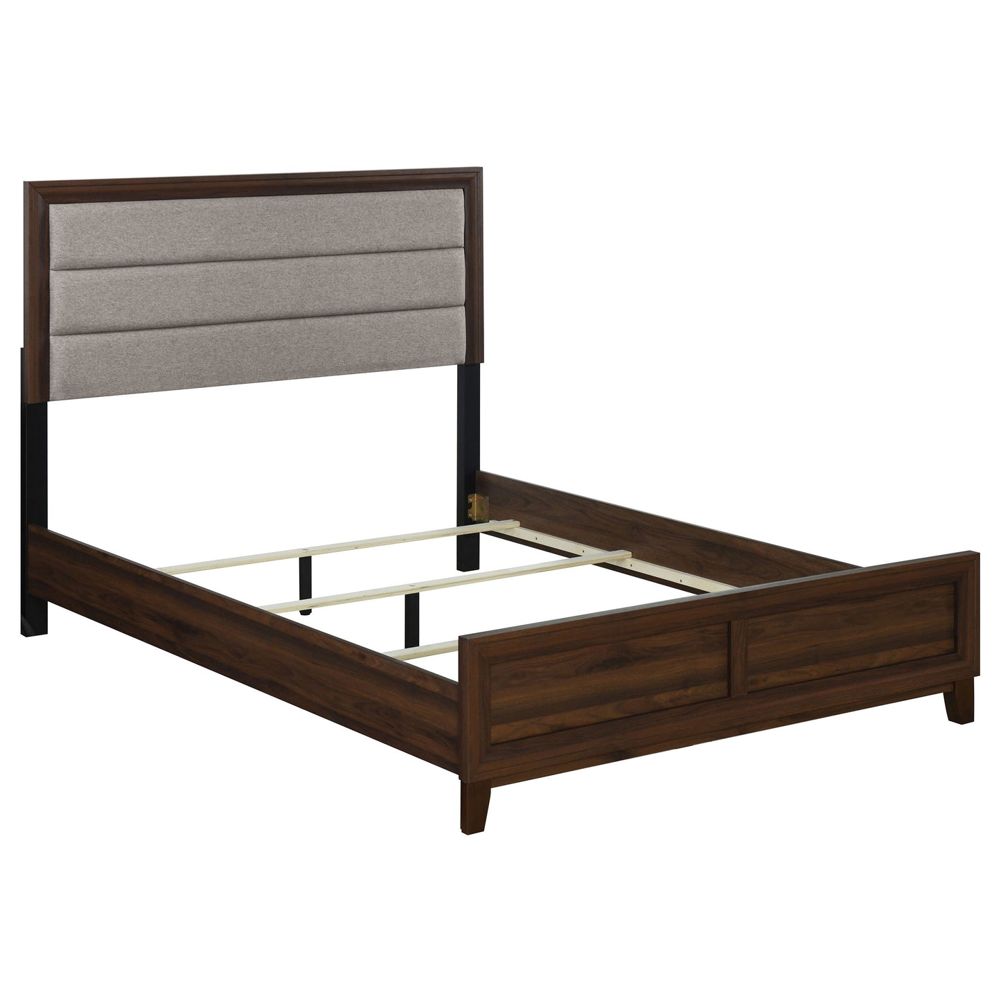 Anza Walnut Modern Queen Bedroom Set with Padded Headboard in Grey Fabric, 4-Piece