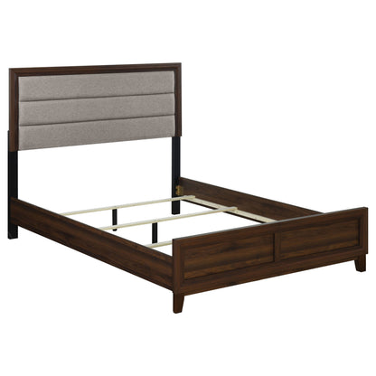 Anza Walnut Modern Queen Bedroom Set with Padded Headboard in Grey Fabric, 4-Piece