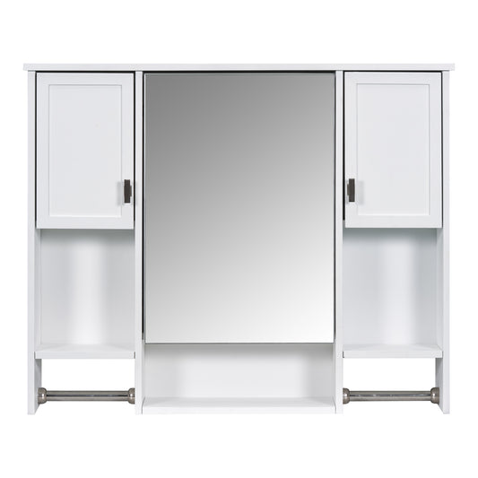 Modern Wall Mounted Bathroom Storage Cabinet with Mirror, White MDF Medicine Cabinet with Towel Bar, 35'' x 28''