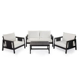 4-Pieces Outdoor Sofa Set with Cushions Outdoor Loveseat & Coffee Table Set – Acacia Wood Frame with Black Textilene, Water-Repellent White Cushions (Dark Grey Finish) for Patio/Backyard/Deck