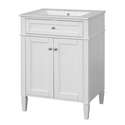 Modern White Bathroom Vanity with 2 Doors and Tip-Out Drawer, Ceramic Sink, Soft-Closing Hinges, Solid Wood Frame, 24'