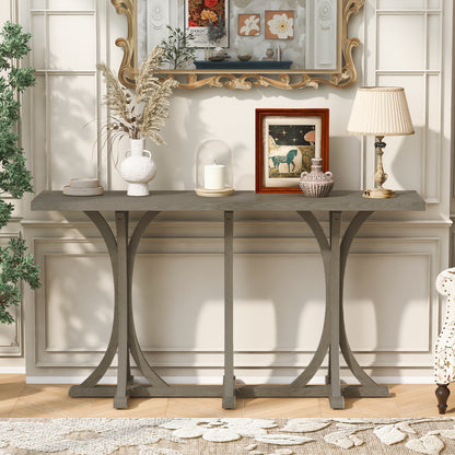 U-Style 59.8'' Wooden Console Table with Oak Veneer Top,Farmhouse Entryway Table with Rubber Wood Slender Curved Legs,Perfect for Living Room,Entryway,Hallway, Dining Spaces.