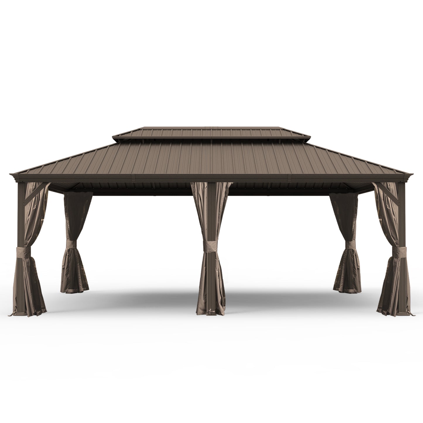14' X 20' Hardtop Gazebo, Upgraded Metal Gazebo with Drainage System, Dual-Layer Galvanized Steel Roof, Curtain and Netting, Outdoor Shelter Canopy for Patio, Garden, and Backyard, Brown