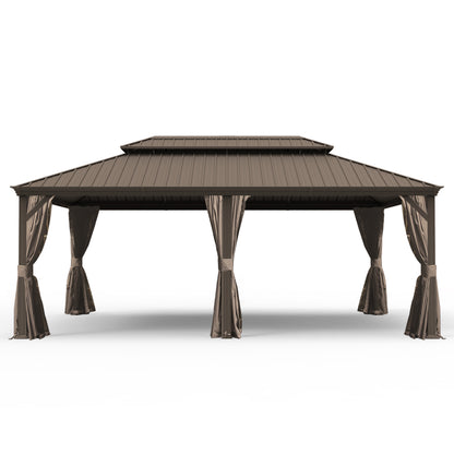 14' X 20' Hardtop Gazebo, Upgraded Metal Gazebo with Drainage System, Dual-Layer Galvanized Steel Roof, Curtain and Netting, Outdoor Shelter Canopy for Patio, Garden, and Backyard, Brown
