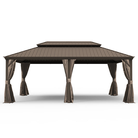 14' X 20' Hardtop Gazebo, Upgraded Metal Gazebo with Drainage System, Dual-Layer Galvanized Steel Roof, Curtain and Netting, Outdoor Shelter Canopy for Patio, Garden, and Backyard, Brown