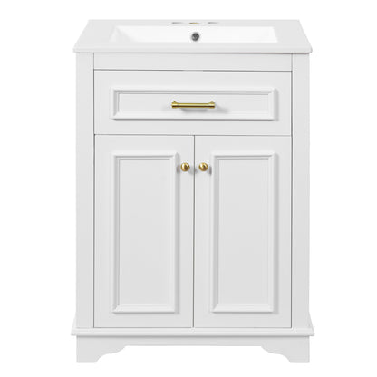 Modern 24' Bathroom Vanity with Integrated Ceramic Sink, White MDF Cabinet with 1 Tip-Out Drawer and Soft-Closing Doors, Ideal for Small to Medium Bathrooms
