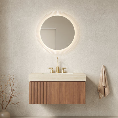 MURI 36' Bathroom Vanity&Sink, Floating Plywood Storage Cabinet with Drawer&Door, Roma Travertine Sintered Stone Top&Ceramic Basin with 3 Pre-drilled Faucet Holes, Pre-assembled, Brown Oak Woodgrain