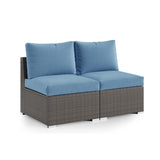 Modern Blue Armless Wicker Patio Sofa Set, 59.8' Width with UV-Resistant PE Rattan Frame and Waterproof Olefin Cushions