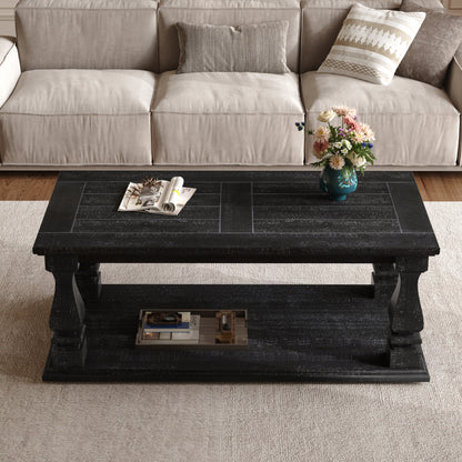 Weathered Black Farmhouse Coffee Table, Crafted with Heavy Planked Top & Square Baluster Legs,  47.24' Long Rustic Living Room 
Table with Storage Shelf