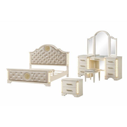 Jasmine Queen 4 Pc LED Vanity Bedroom Set in Beige made with Wood and Crystal Tufted Headboard
