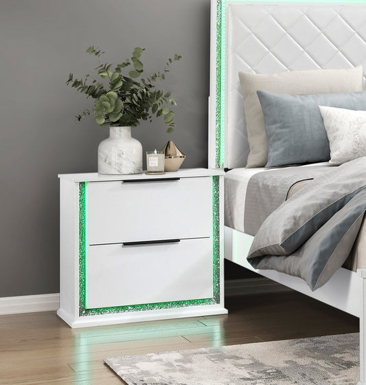 Contemporary Glam White Finish Nightstand with Two Drawers LED Light 8-Colors Bedroom Furniture 1pc Bedside Cabinet