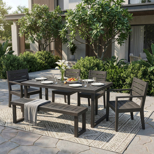 Outdoor 6-Seater Acacia Wood Dining Set with Bench,Sandblast Dark Grey With Light Grey Cushion