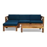 Radiat 5-Piece Outdoor L-Shaped Sofa Set with Coffee Table and Water Resistant Cushions, Dark Blue and Teak