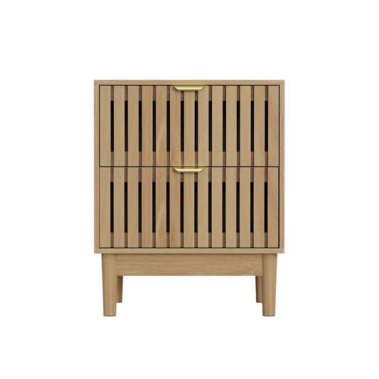 Mid-Modern Oak Bedside Table with Grille Design and Two Drawers in Oak Finish, Wooden Side Table for Bedroom, Living Room, or Hallway