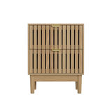 Mid-Modern Oak Bedside Table with Grille Design and Two Drawers in Oak Finish, Wooden Side Table for Bedroom, Living Room, or Hallway