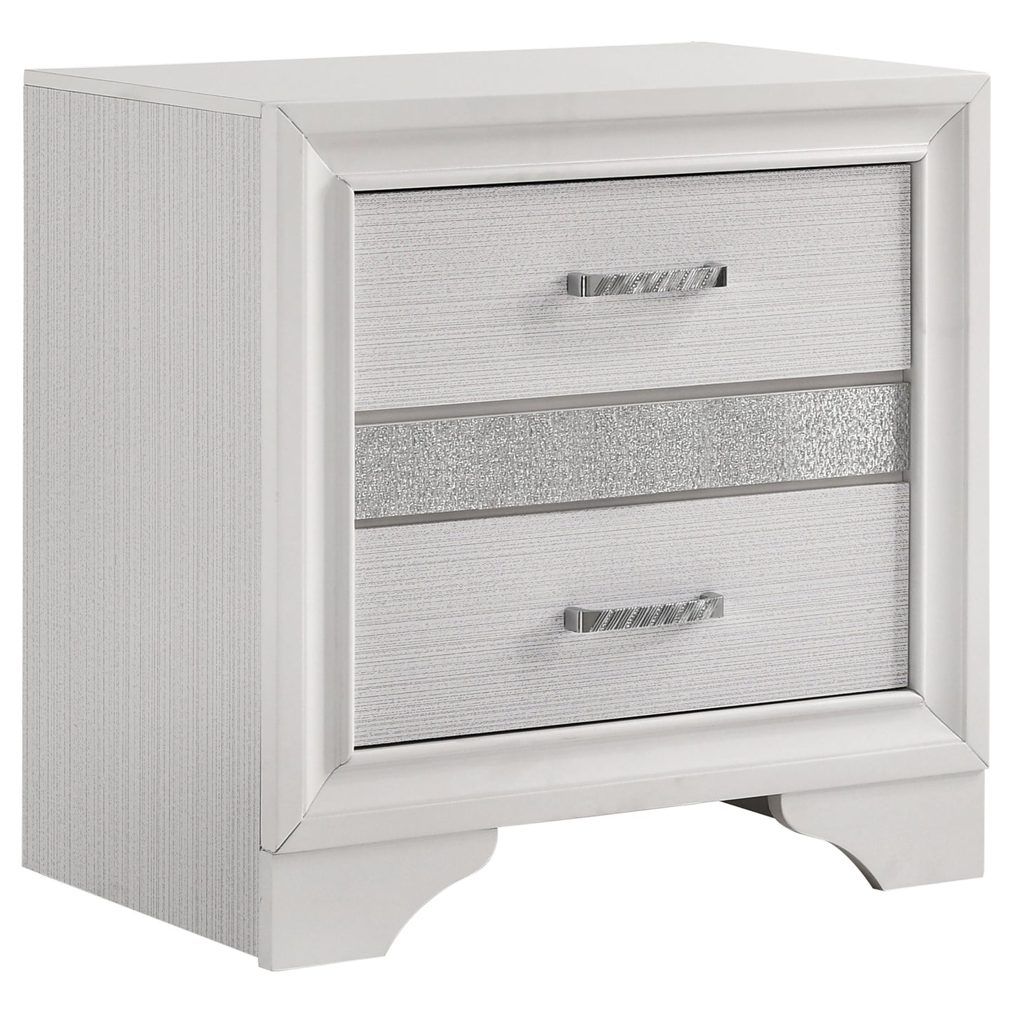 White Transitional 2-Drawer Nightstand with Hidden Jewelry Tray in Wood with Metallic Finish, 26in H x 26in W x 16.5in D