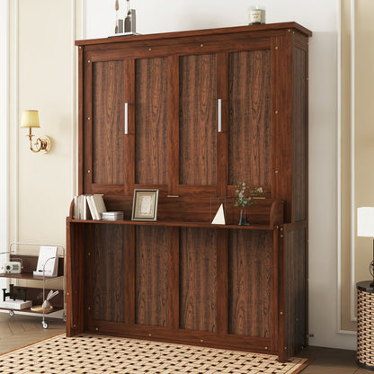 Queen Size Wood Murphy Bed, Space-Saving Hidden Wall Bed, Wall Bed Cabinet, with Gas Struts,Walnut