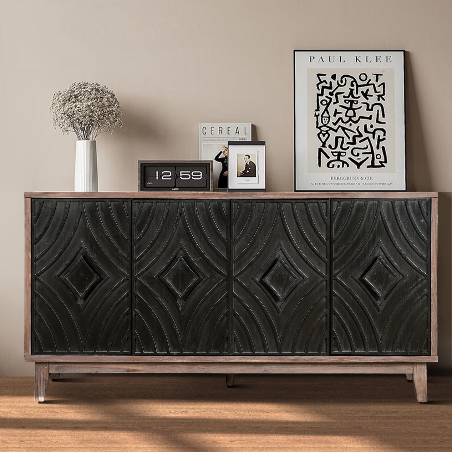 Mid Century Sideboard Buffet Cabinet with Solid Wood Legs 60' Kitchen Storage Cabinet Credenza with 4 Convex pattern diamond Doors and 2 Shelves Accent Console Table for Living Room Entrance Hall etc