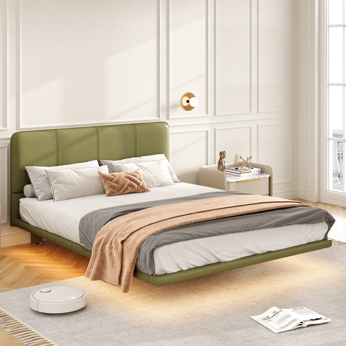 Floating Bed Frame with LED Light, Modern PU Leather Platform Bed, No Boxing Spring Needed, Assemble Easily, Full Size