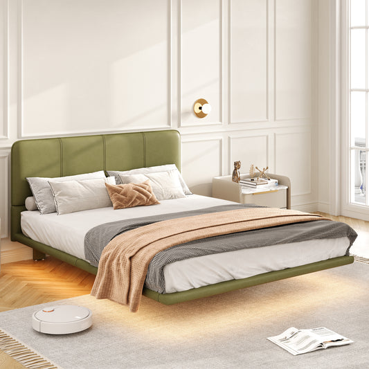 Floating Bed Frame with LED Light, Modern PU Leather Platform Bed, No Boxing Spring Needed, Assemble Easily, Full Size