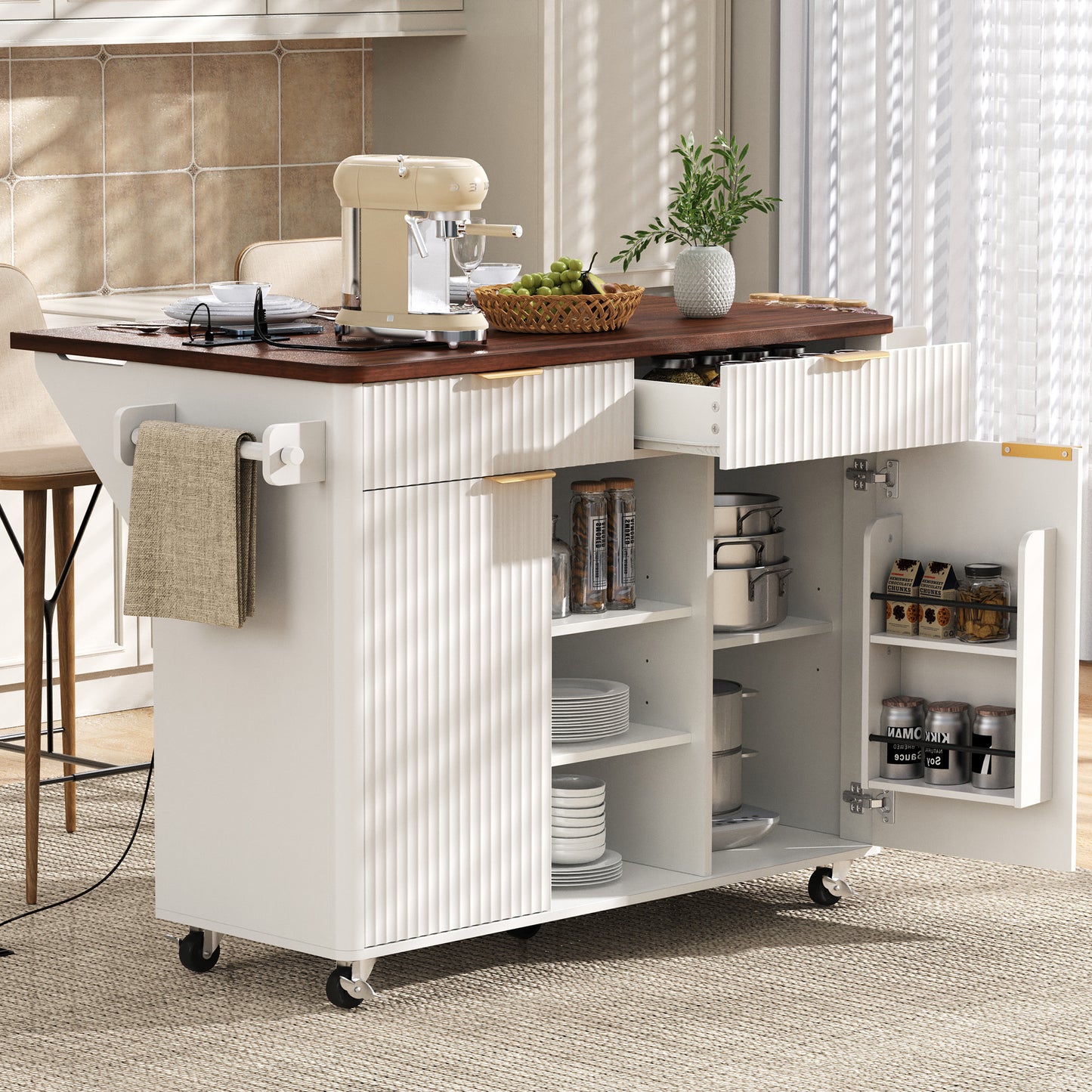 K&K 52' Fluted Kitchen Island with Drop Leaf, Power Outlet,  Kitchen Storage Cart with Adjustable Shelves, 2 Doors and 2 Drawers, Rolling Island Table with Walnut Color Top for Kitchen, White