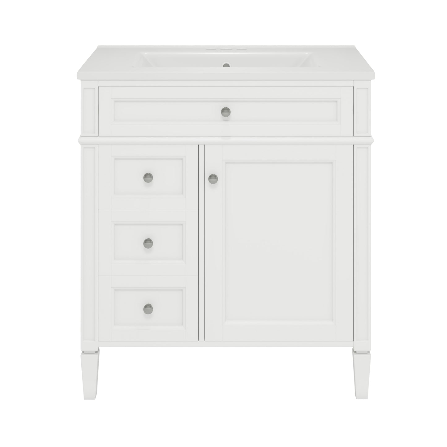 Modern White Bathroom Vanity with Ceramic Top Sink, 30'' Storage Cabinet with 2 Drawers and Tip-out Drawer, MDF+Solid Wood Construction