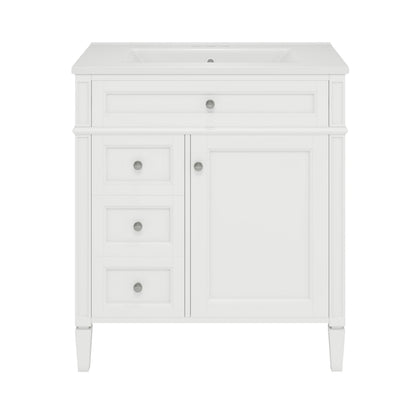Modern White Bathroom Vanity with Ceramic Top Sink, 30'' Storage Cabinet with 2 Drawers and Tip-out Drawer, MDF+Solid Wood Construction