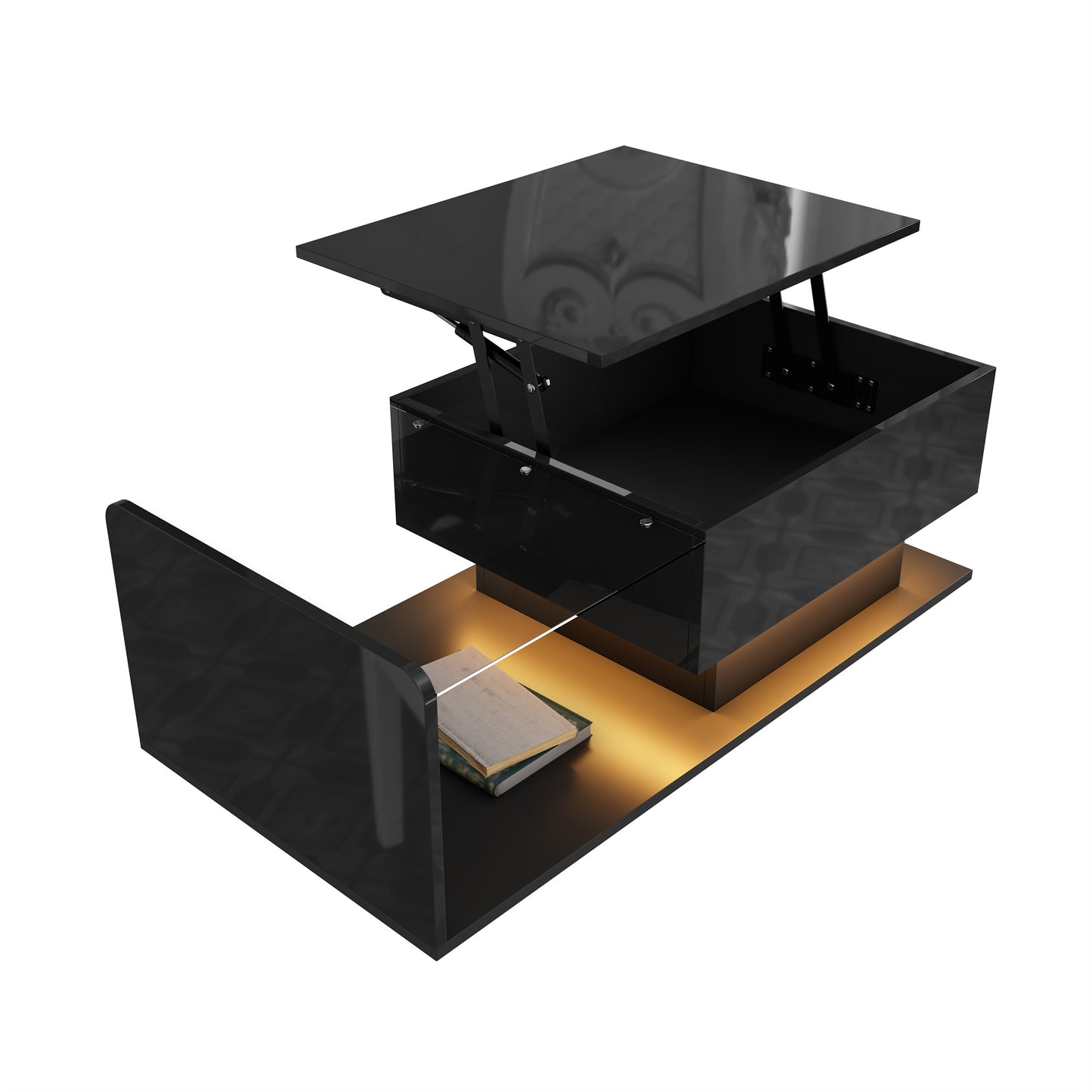 Coffee table, high-gloss black, side table, coffee table with glass and LED effect, with glass top