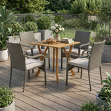 5 Piece Outdoor Dining Set, 31.5' Teak Finish Acacia Wood Table with 4 Grey Wicker Stackable Chairs, Silver Cushions, Easy Assembly Patio Set for Garden Backyard