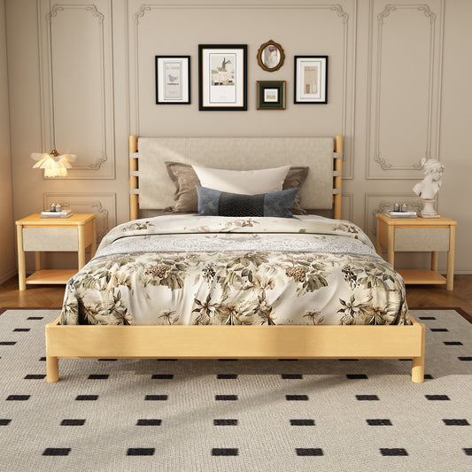 Modern Queen Bed Frame Set with 2 Nightstands, Beige Wood Platform Bed with Headboard and Matching Bedside Tables for Bedroom