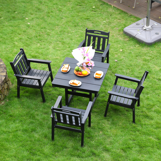 HDPE outdoor patio dining set, one table and four chairs.The outdoor dining furniture has sunshade holes and is suitable.It is suitable for lawns, gardens, backyards, and pool sides.Black,Waterproof