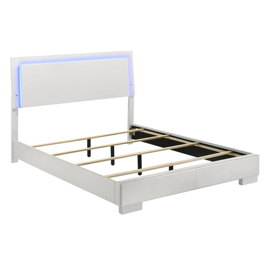 Dulcey White High Gloss 4-Piece Queen Bedroom Set with LED Lighting, White Faux Leather, Wood Frame, Gloss White Finish