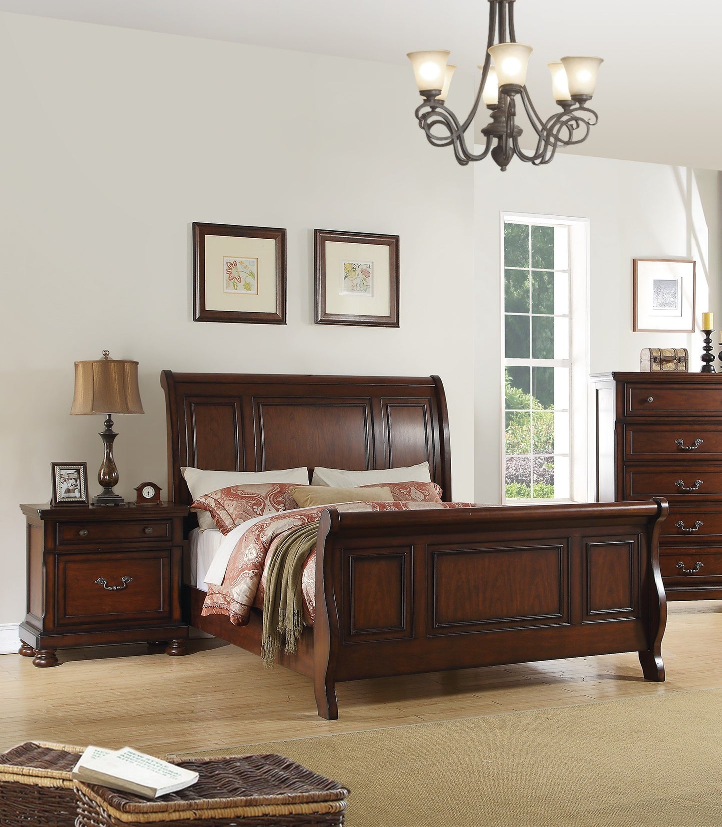 Traditional 3pc Set Queen Size Bed 2x Nightstands Panel Headboard Footboard Antique Cherry Bedroom Furniture