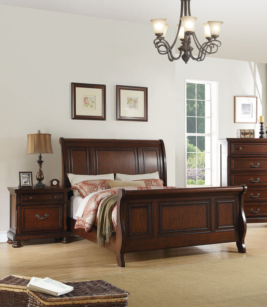 Traditional 3pc Set Queen Size Bed 2x Nightstands Panel Headboard Footboard Antique Cherry Bedroom Furniture