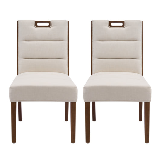 Upholstered Armless Dining Chairs, Beige Fabric & Walnut Rubber Wood Frame, Set of 2