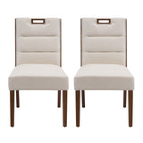 Upholstered Armless Dining Chairs, Beige Fabric & Walnut Rubber Wood Frame, Set of 2