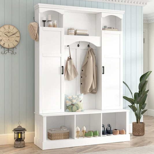 ON-TREND Modern All-in-One Hall Tree with Adjustable Shelves, Classic Arched Farmhouse Storage Bench with Dual Side Cabinets, Elegant Entryway Organizer with 7 Hooks for Mudroom, Hallway, White