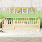 Twin Size Floor bed, integral construction with super high security barrier, door, children's floor bed frame, Montessori wooden children's floor bed,Natural Wood(Patented model)