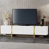 ON-TREND Luxury Fluted TV Stand for TVs Up to 80'', Modern Entertainment Center with Storage Cabinets & Drawers, Smooth Media Console with Golden Wood Grain Legs for Living Room, White