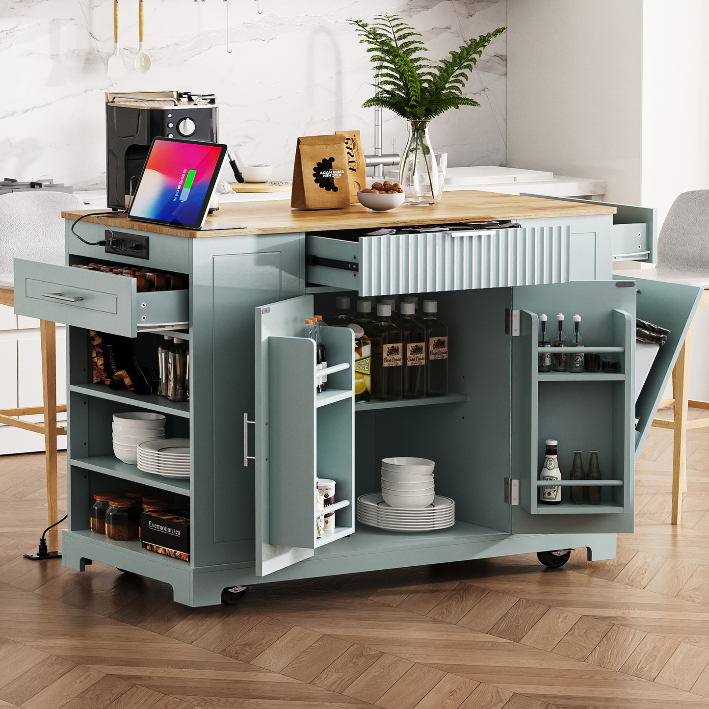 K&K Fluted Kitchen Island with Trash Can Storage Cabinet, Power Outlet, Internal Storage Rack, Rolling Kitchen Islands on 5 Wheels with 3 Drawer, 3 Open Side Racks for 10 Gallon Garbage Bin,Grey Blue