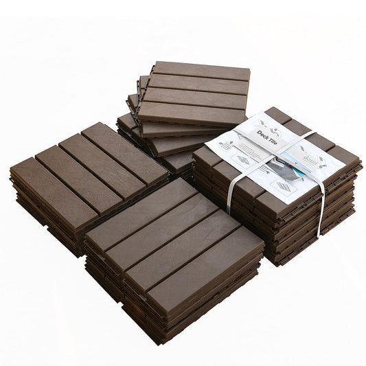 Patio Interlocking Deck Tiles, 12'x12' Square Composite Decking Tiles, Four Slat Plastic Outdoor Flooring Tile All Weather for Balcony Porch Backyard (Dark Brown, Pack of 9)