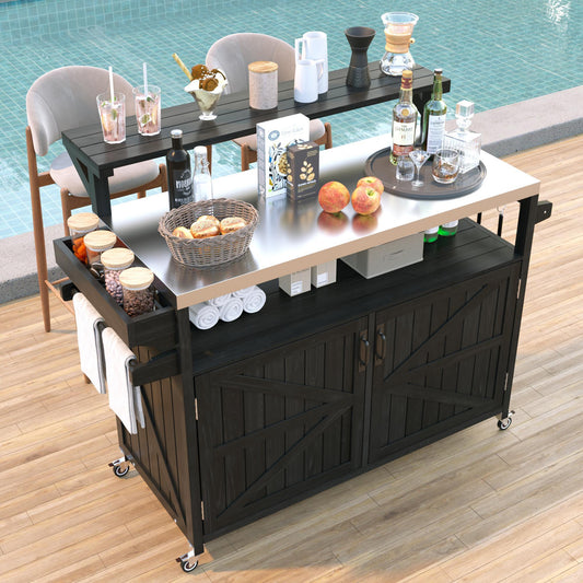 K&K 53.3' Outdoor Kitchen Island with Raised Shelf, Solid Wood Storage Cabinet with Stainless Steel Top, Outdoor Rolling Grill Cart with Internal Storage Rack, Adjustable Shelf, Spice Rack, Black